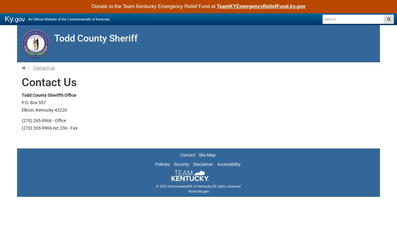 Todd County Sheriff's Office contact page for arrest record requests
