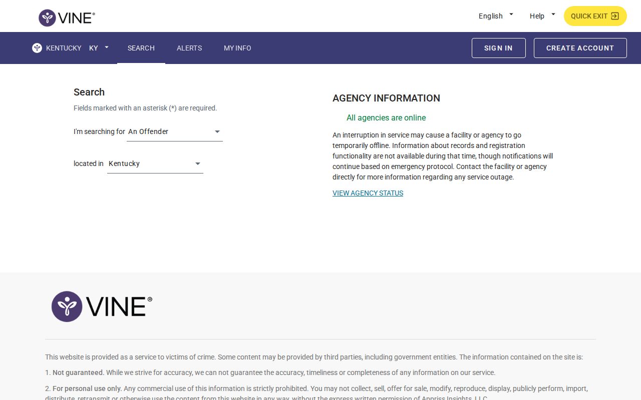 Kentucky VINELink person-search page for custody status and notifications