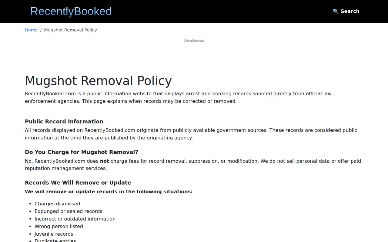 RecentlyBooked policy for correcting Todd County booking records and mugshots