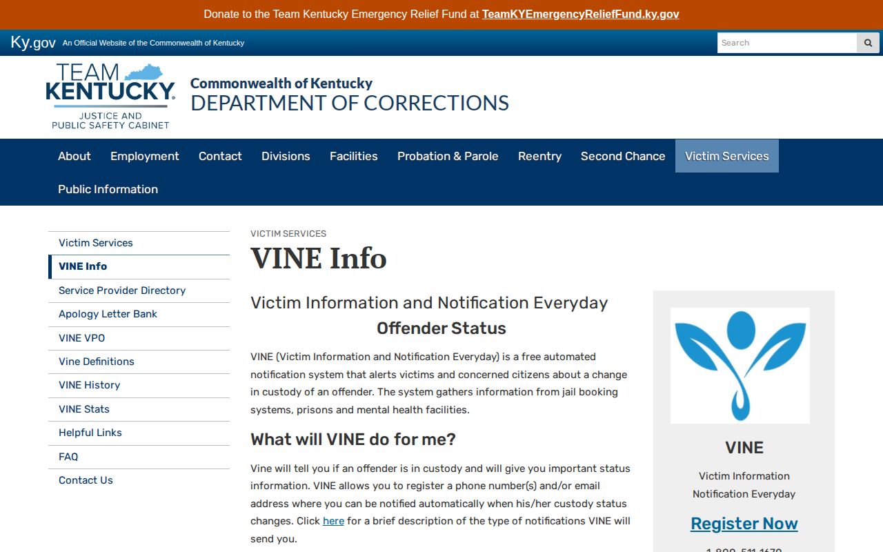 Kentucky Department of Corrections VINE information and notification guidance