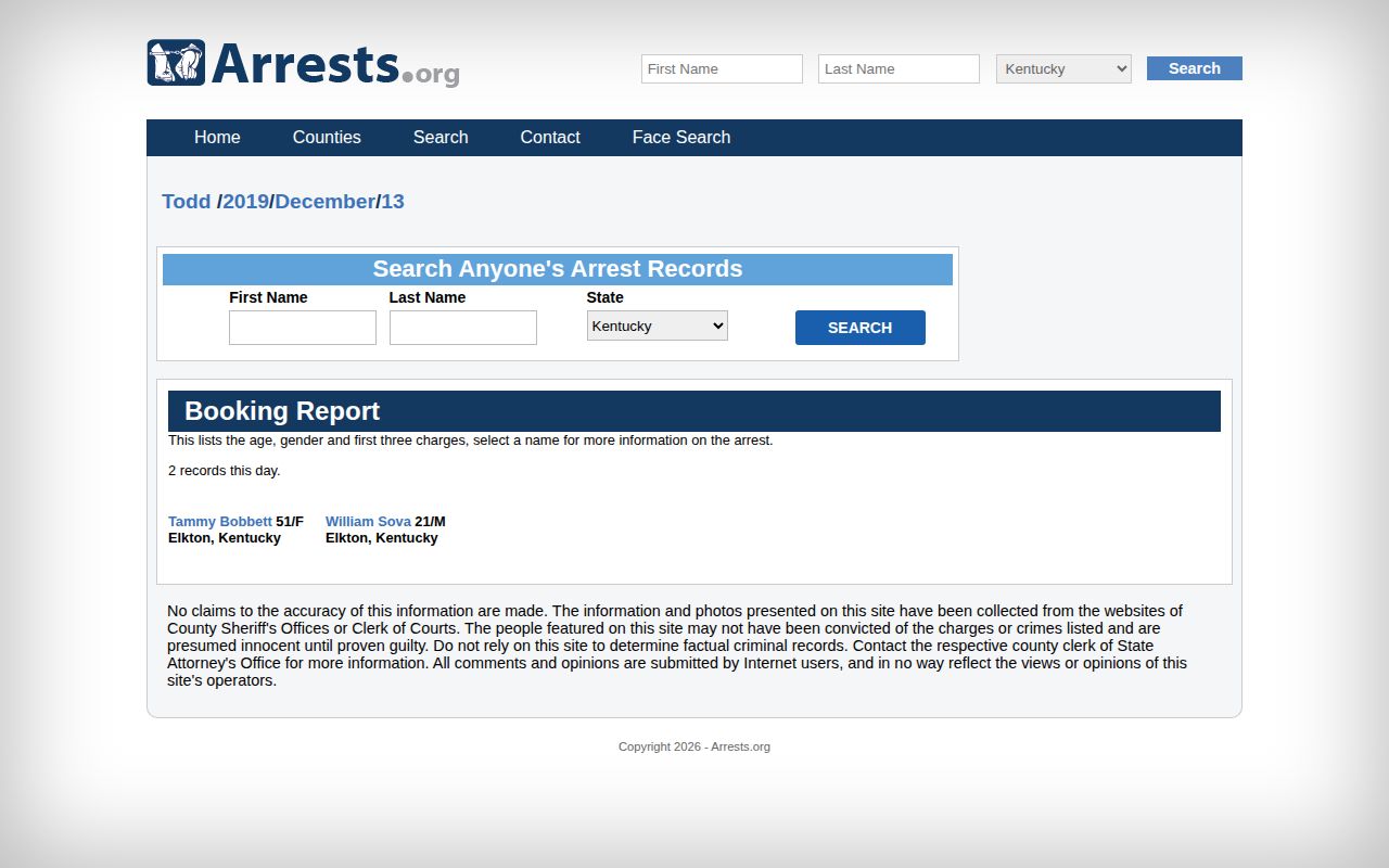 Captured unofficial Arrests.org dated Todd County archive page